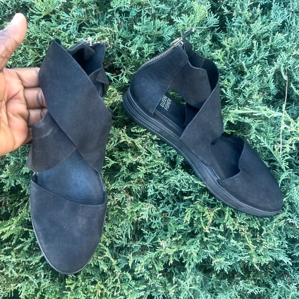 Eileen Fisher Carver Tumbled‎ Nubuck Sneaker Sandals Women's Size 6.5 Black